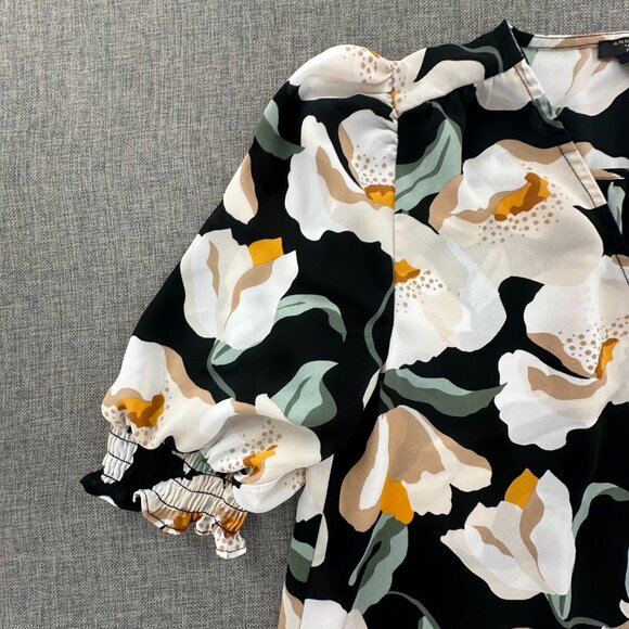 Ann Taylor Factory Petite Top XSP Puff Sleeves Floral Semi Sheer V-Neck - Picture 2 of 10